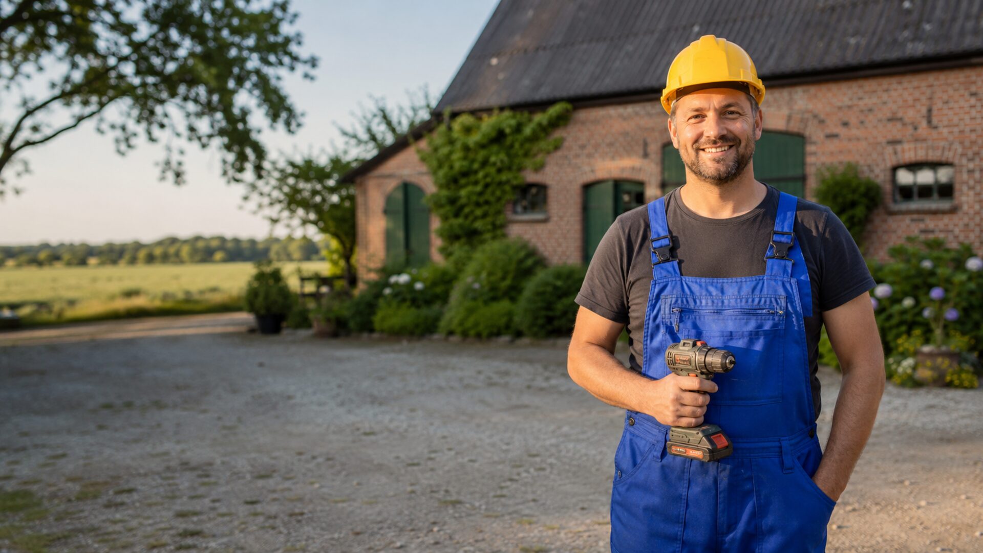 Handwerker mit Akkuschrauber vor dem Hof Boyens